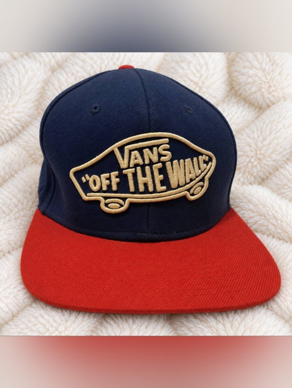 Vans Two-Tone Snapback Hat in Navy, Red & Gold Embroidery